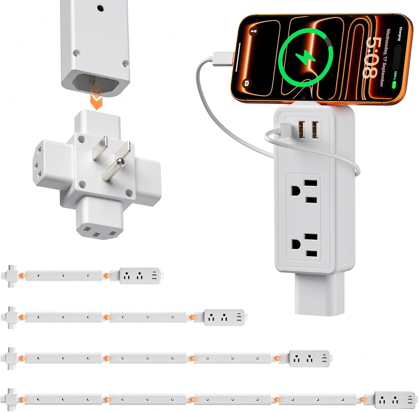 Barra extensora salida USB-A USB-C CA 8-44pulg enchufe 4 vías