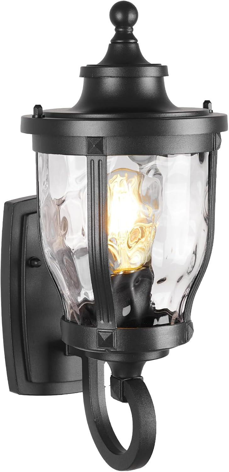 Farol pared exterior 15pulg vidrio martillado negro mate