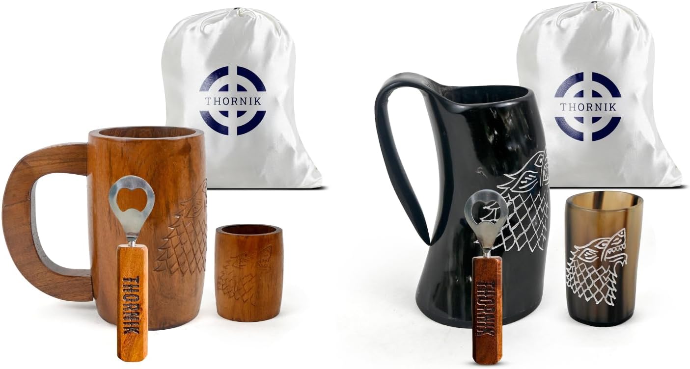 Juego combinado de vasos vikingo grabados lobo taza madera acacia cuerno Fenrir 16-20 oz con chupito abrebotella arpillera base acrilica