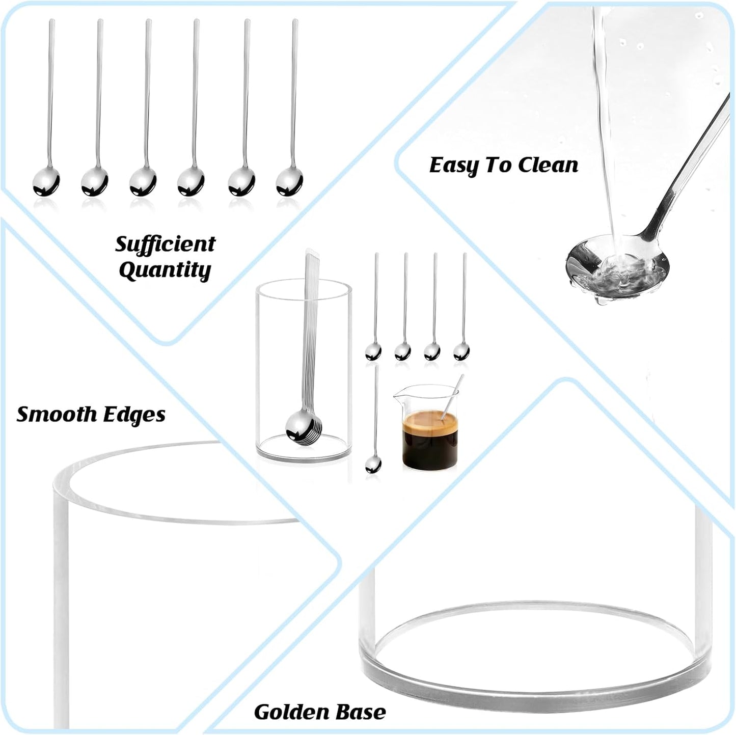 6 cucharas de café plateadas con soporte de acero inoxidable