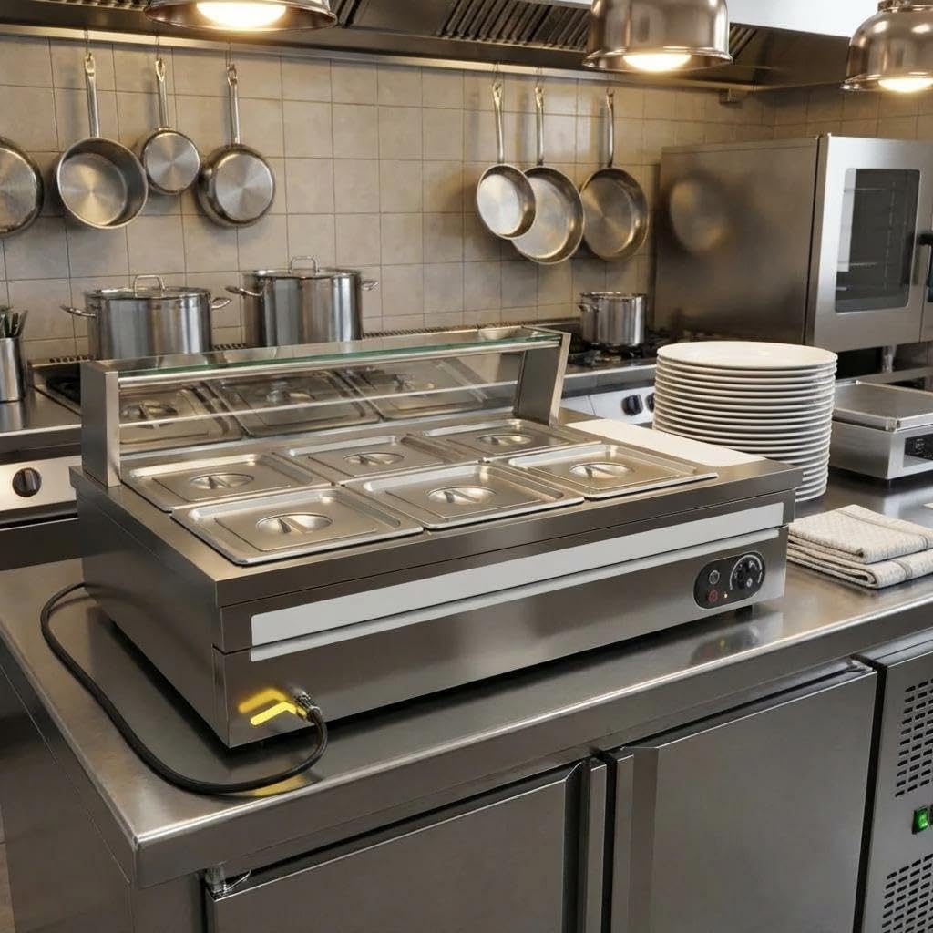 Calentador buffet 6 bandejas acero inox vidrio templado