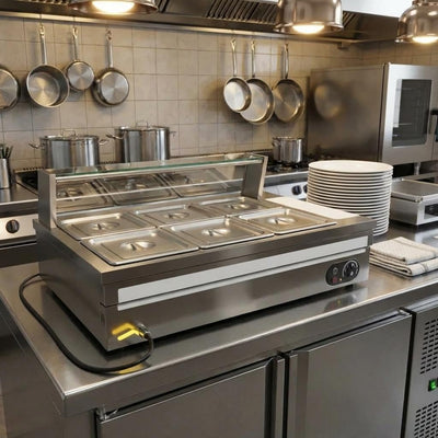 Calentador buffet 6 bandejas acero inox vidrio templado