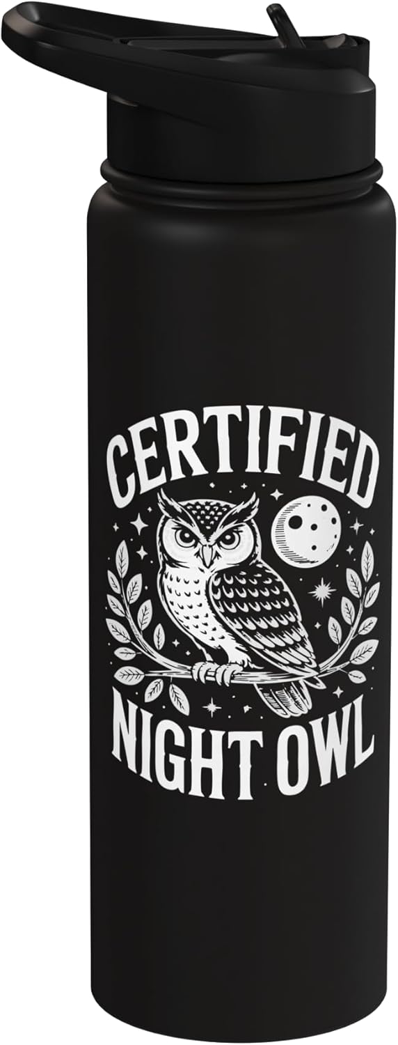 Botella agua acero inox aislada diseño luna búho vintage