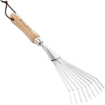 Rastrillo jardinería acero inox 14.7pulg 9 dientes mango madera