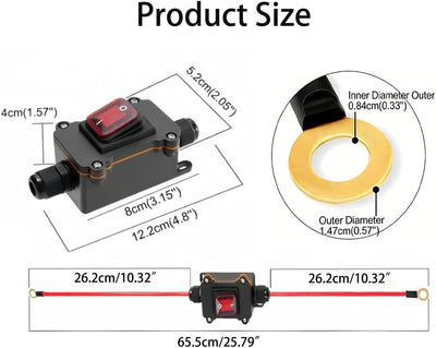 Interruptor agua 12-24V 30A con led rojo ip67 cable 10awg