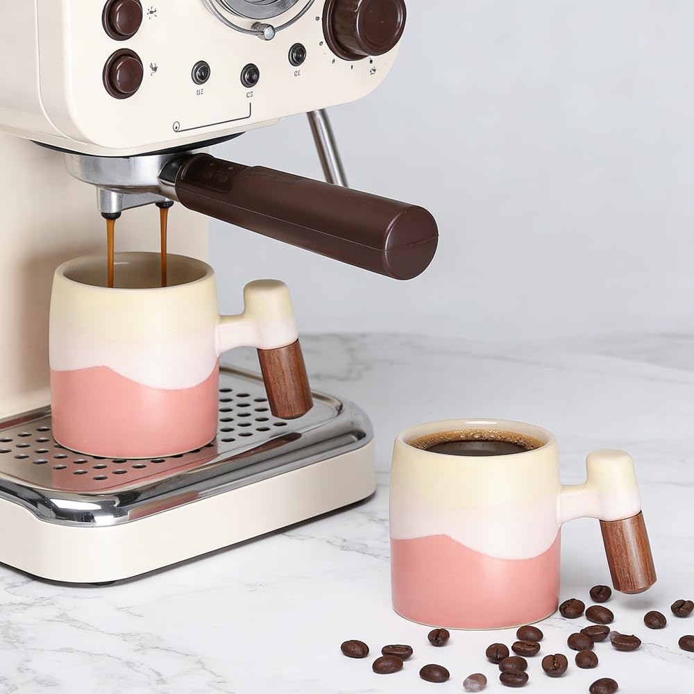 Juego de 2 tazas de café cerámica con mango de madera rosa