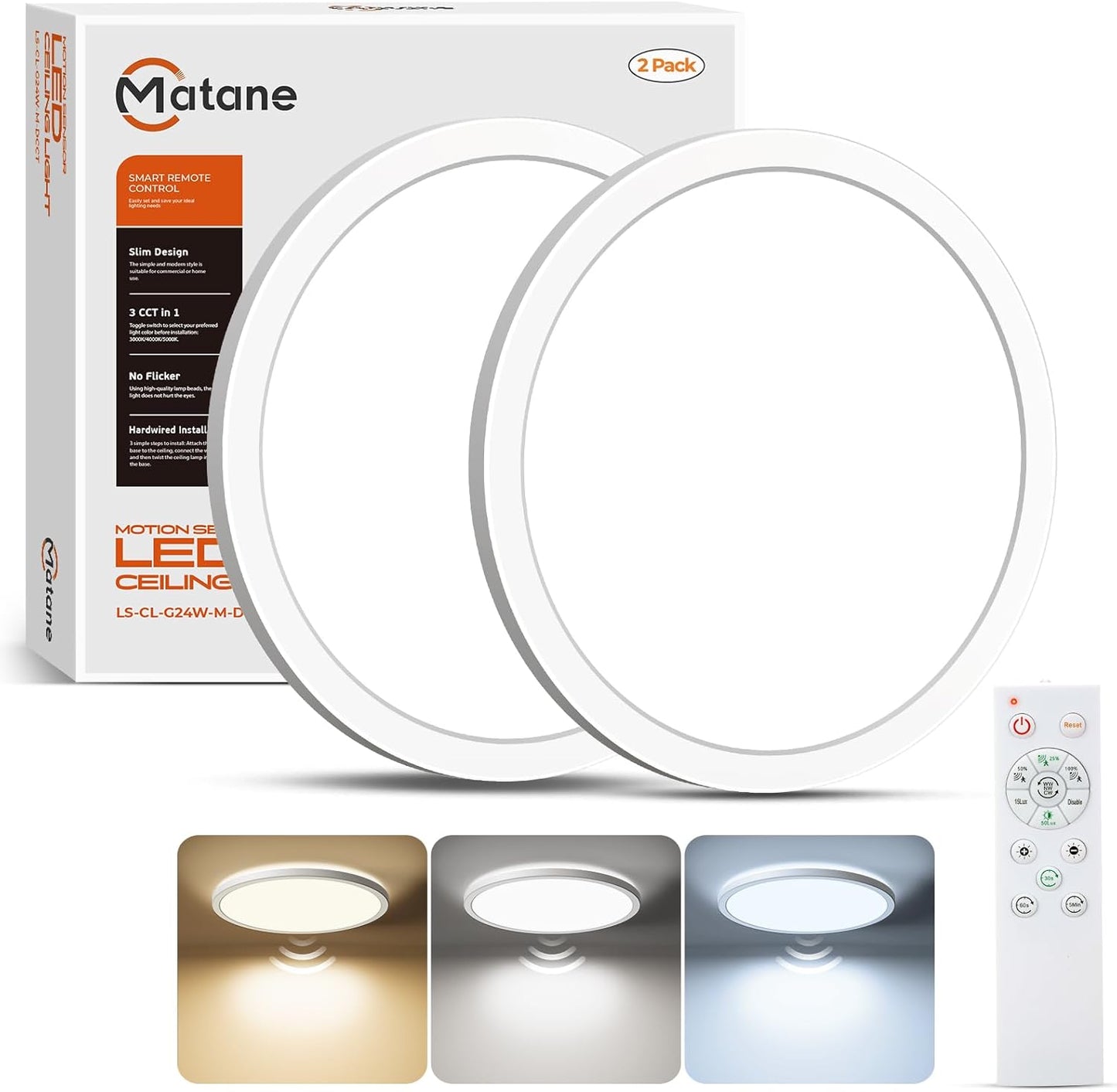 2 Luces LED Techo Sensor Movimiento Control Remoto 2400lm