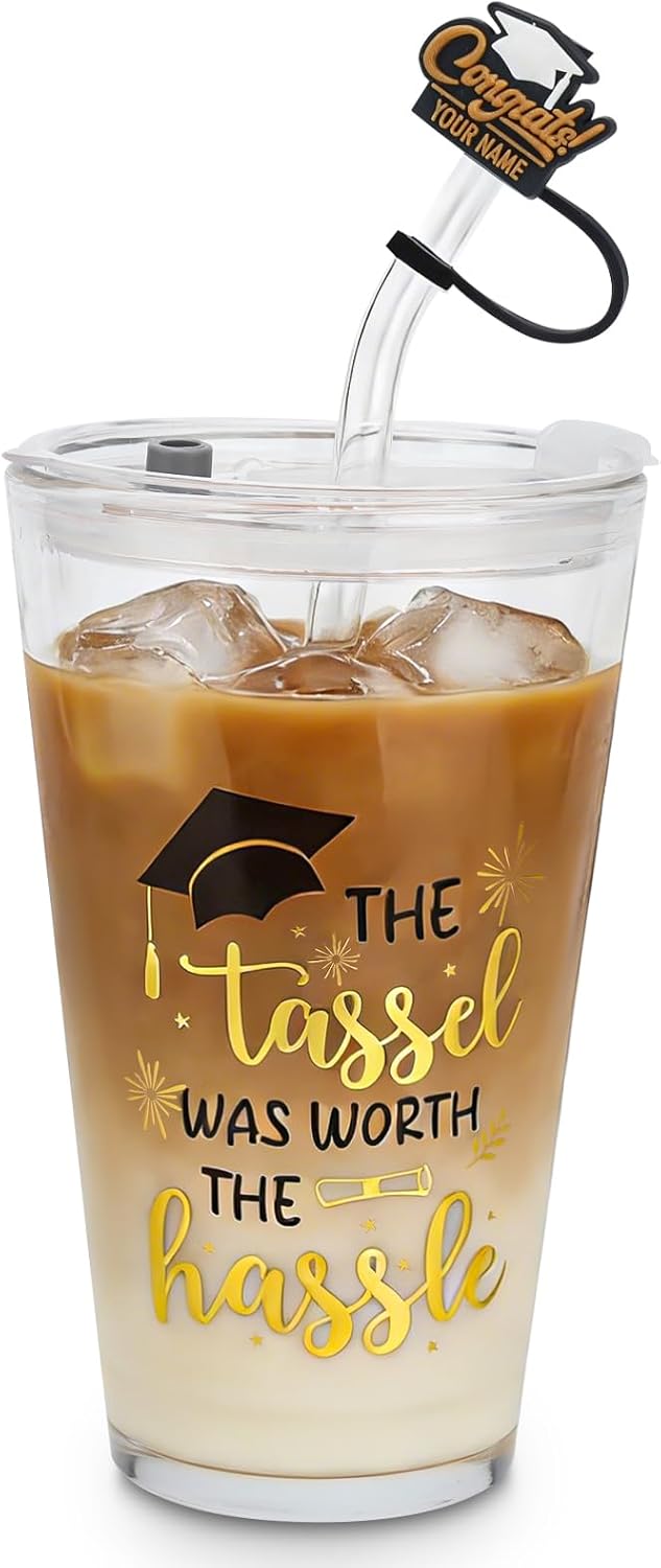 Vaso de vidrio graduación con tapa y pajita para estudiantes