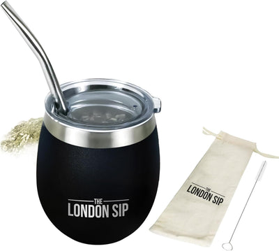 Vaso de yerba mate acero inoxidable doble pared con calabaza tapa resistente derrames popote cepillo bombilla bolsa 8 oz negro
