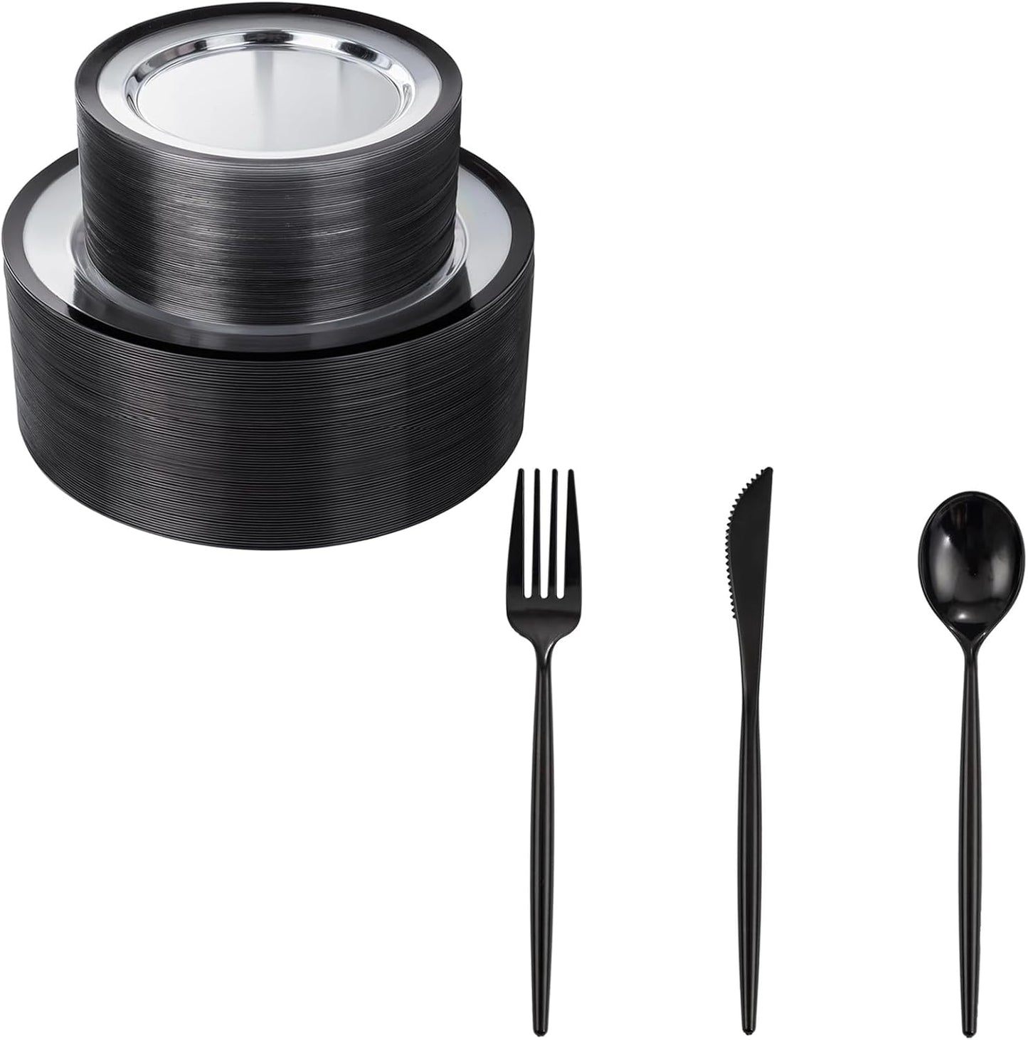 Platos y cubiertos plásticos negros pack 120+180 para eventos