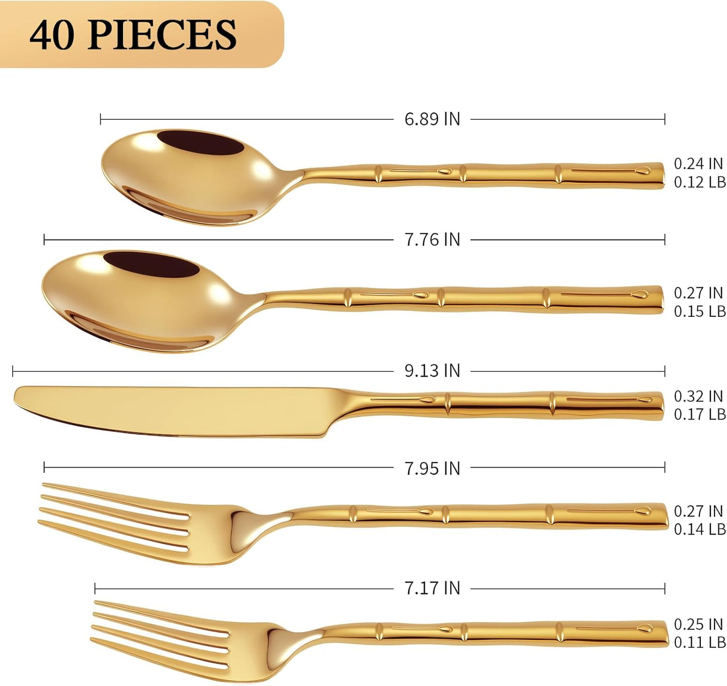 Set 40 Pzas Cubiertos Acero Inox Mango Bambú Dorado