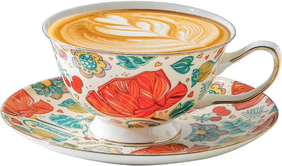 Taza cerámica 6.8oz con platillo flor roja para café té