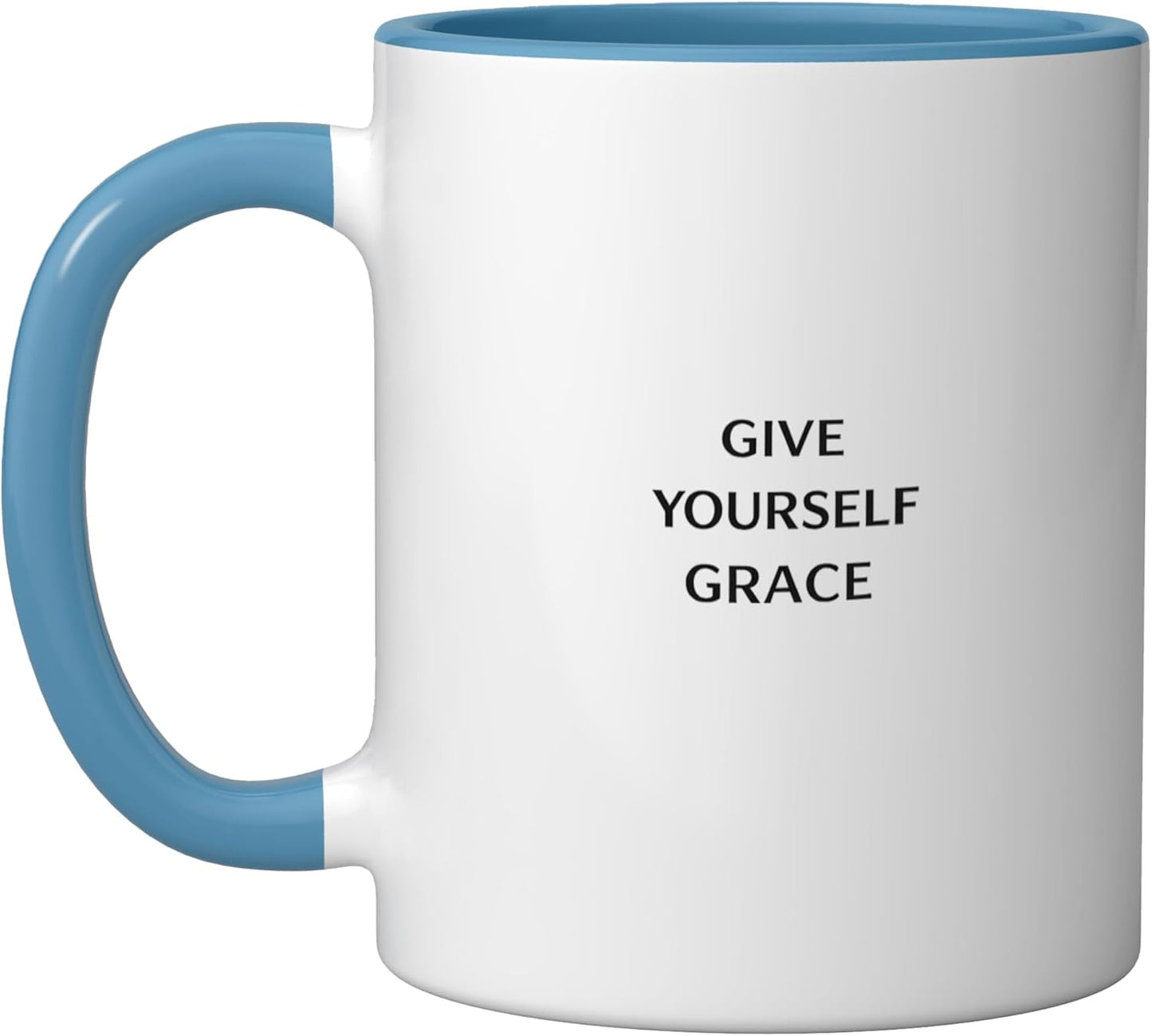 Taza cerámica minimalista con frase de mindfulness azul/blanco