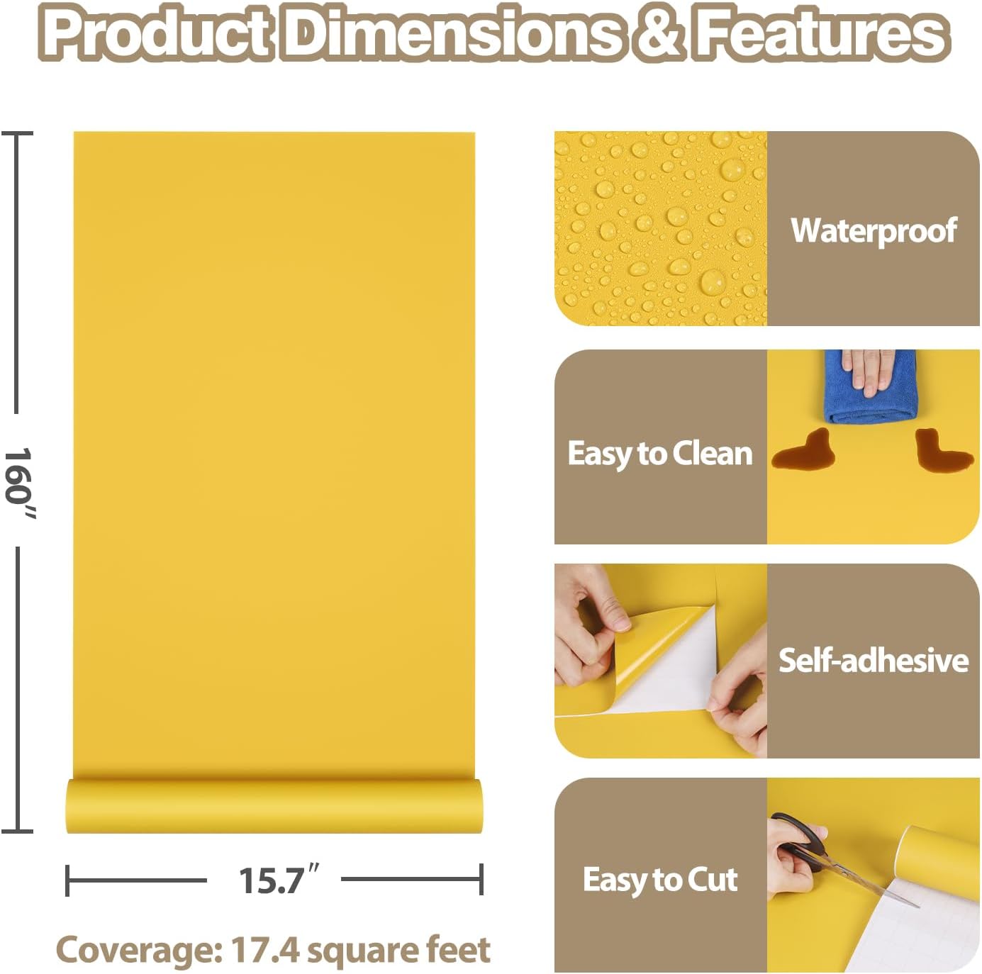 Papel tapiz amarillo cálido autoadhesivo impermeable 15.7x160pulg