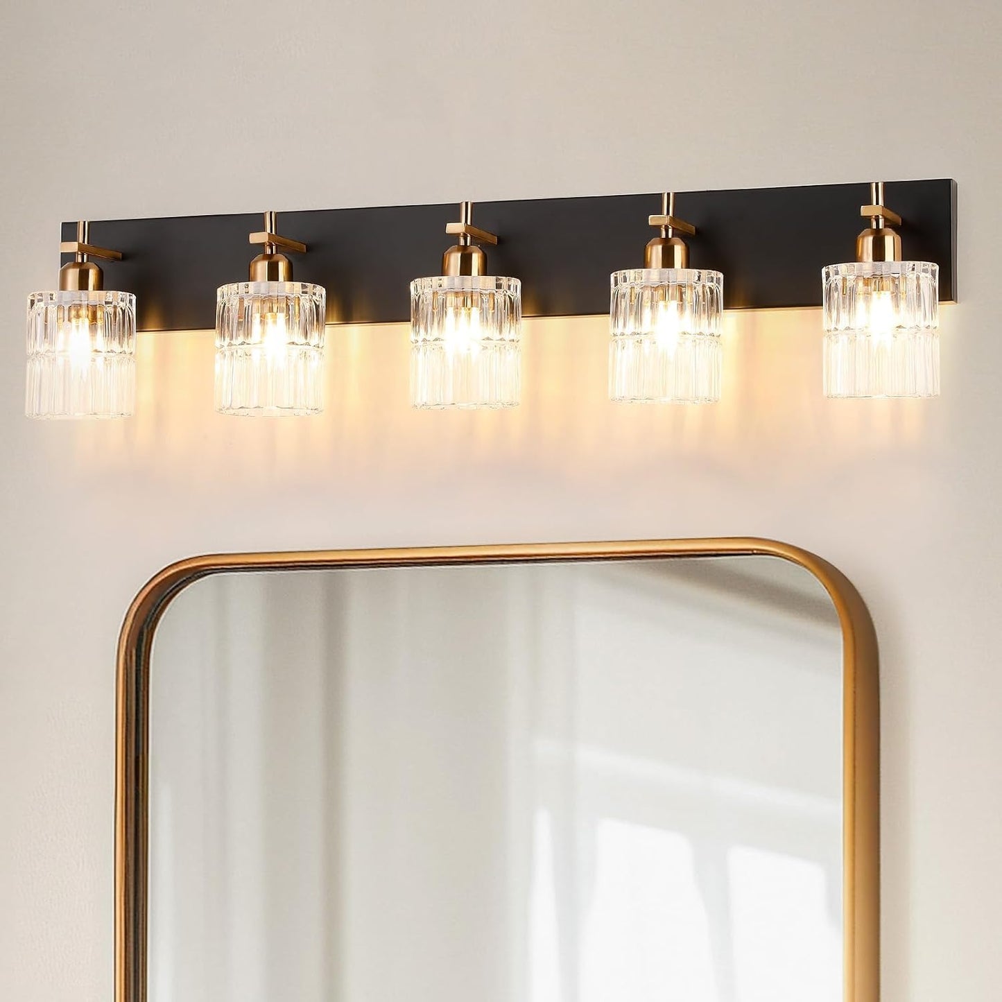 Lámparas baño 5 luces negro dorado modernas sobre espejo