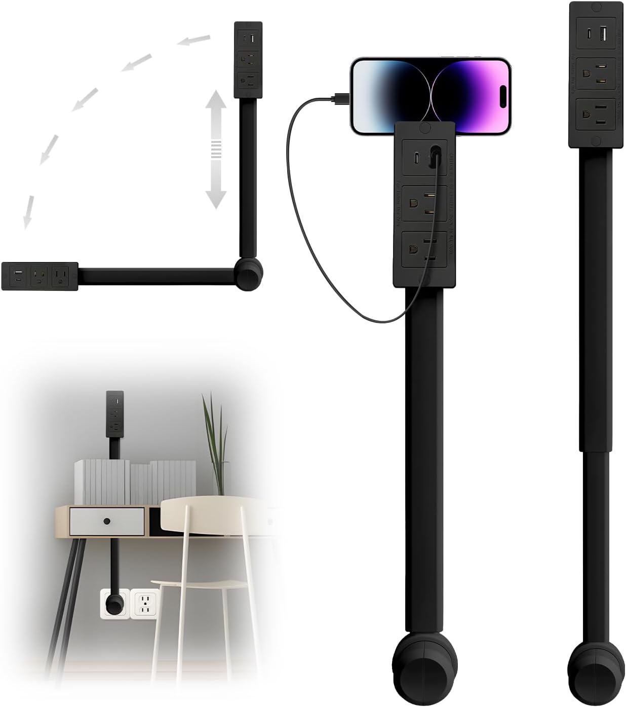 Extensor tomacorriente USB-A/C 2 salidas CA 44pulg negro