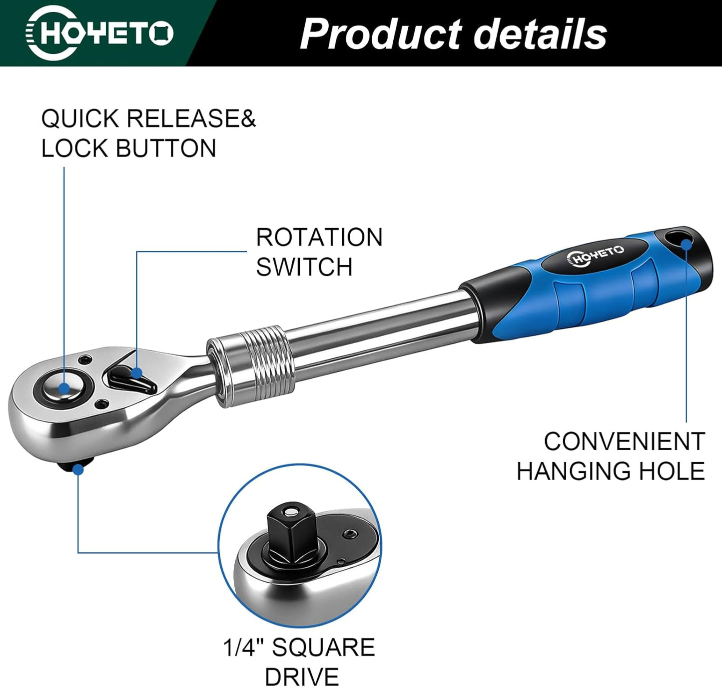 Trinquete extensible 1/4 pulg compuesto cromo 72 dientes
