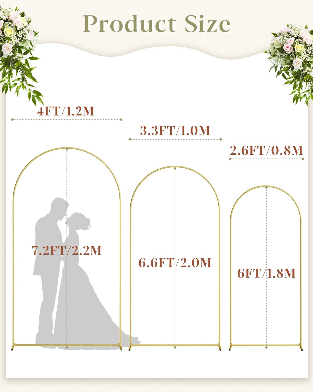 3 Arcos Boda Soporte Metal Dorado 7.2x6.6x6ft