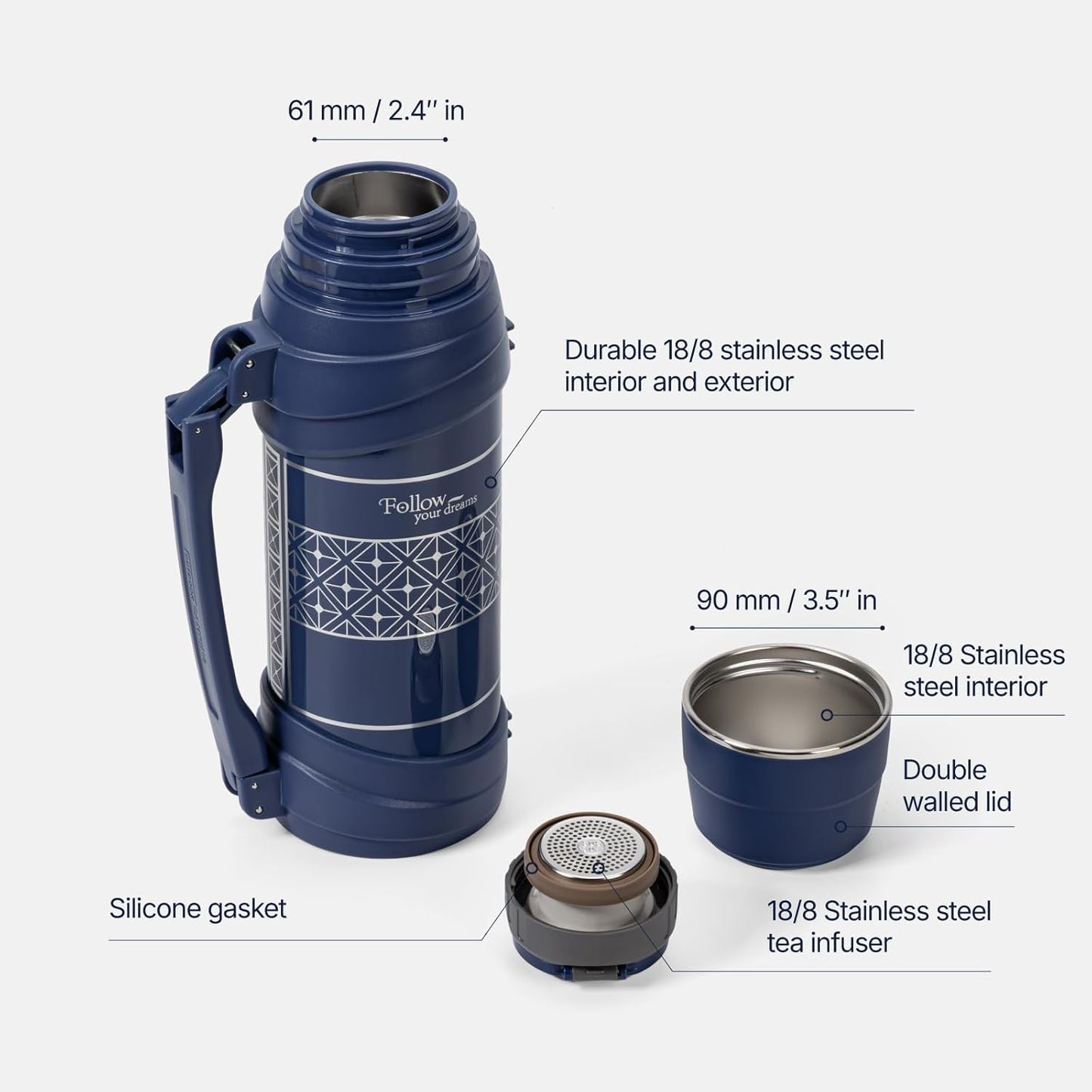 Vaso térmico acero inox 64oz con asa color azul
