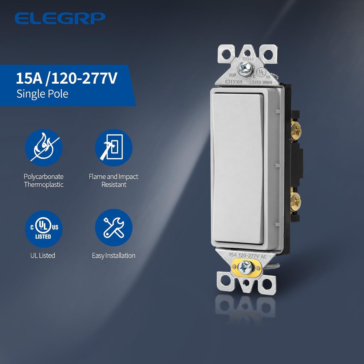 Interruptor luz decorativa un solo polo gris mate 15A 120/277V
