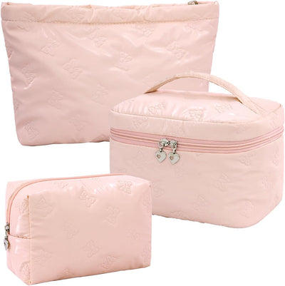 Bolsas cosméticos con bolsillo malla portátil 3PCS Rosa