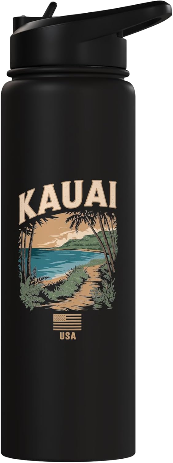 Botella de agua aislada vista palmeras Kauai Sunset acero inoxidable