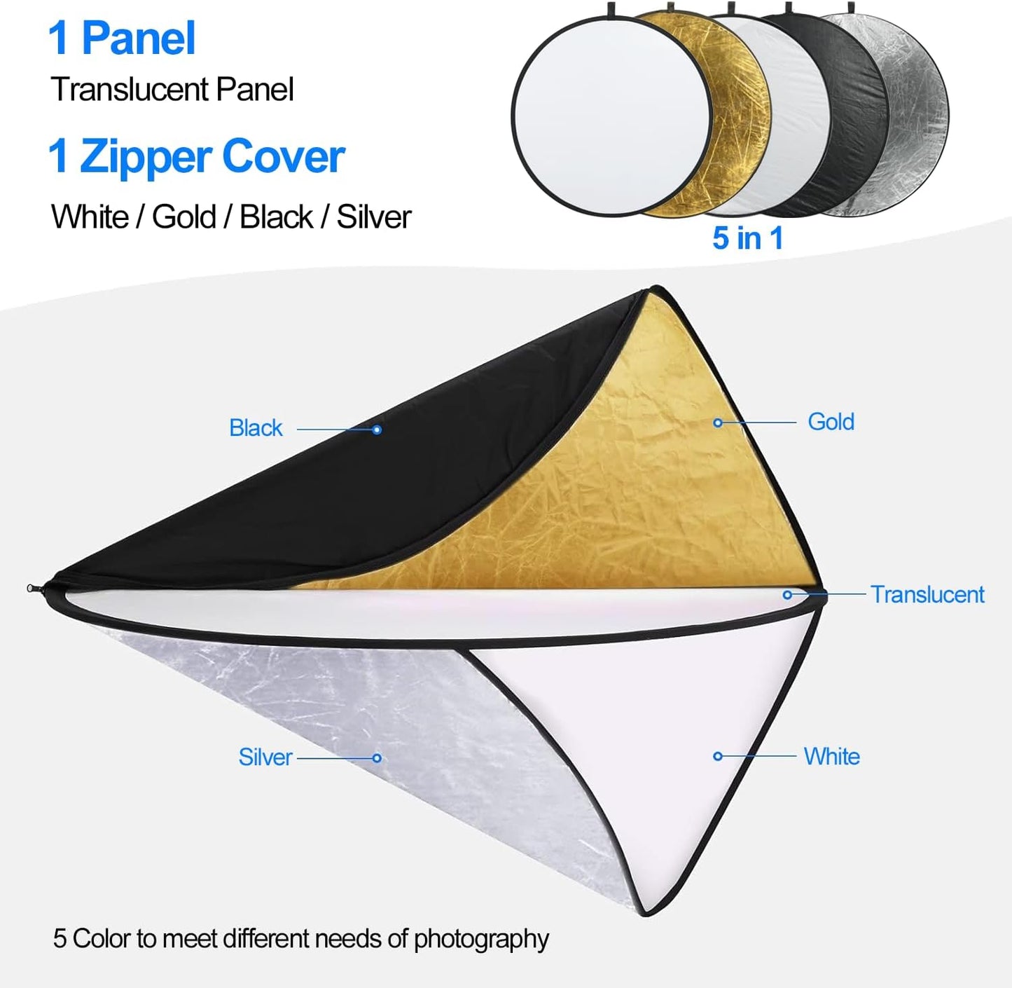 Reflector 5en1 51pulg plegable para estudio y exterior blanco