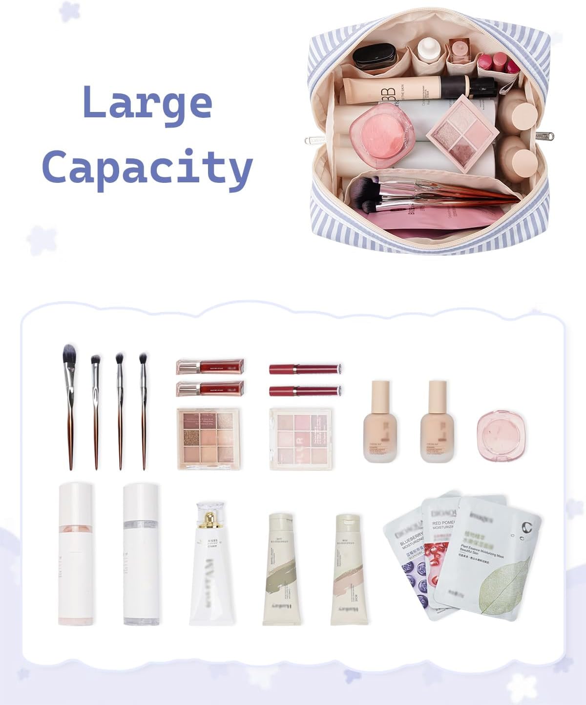 Bolsa maquillaje personalizada con inicial cremallera Raya azul
