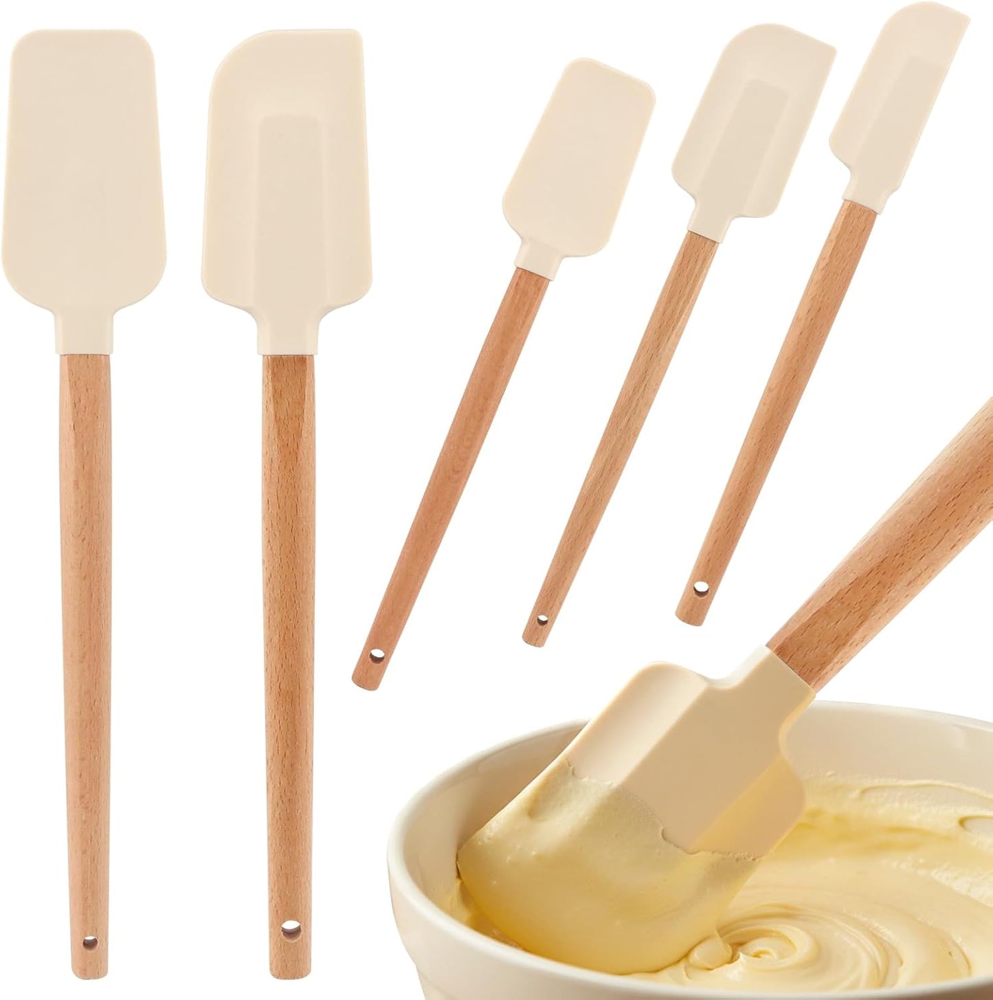 Set 5 Espátulas Silicona Antiadherentes Agarre Madera