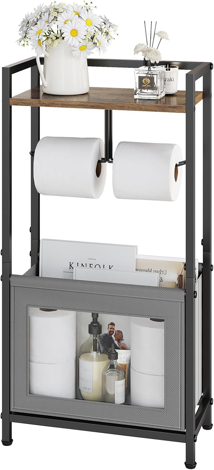 Soporte papel higiénico con cesta y estante madera para baño negro