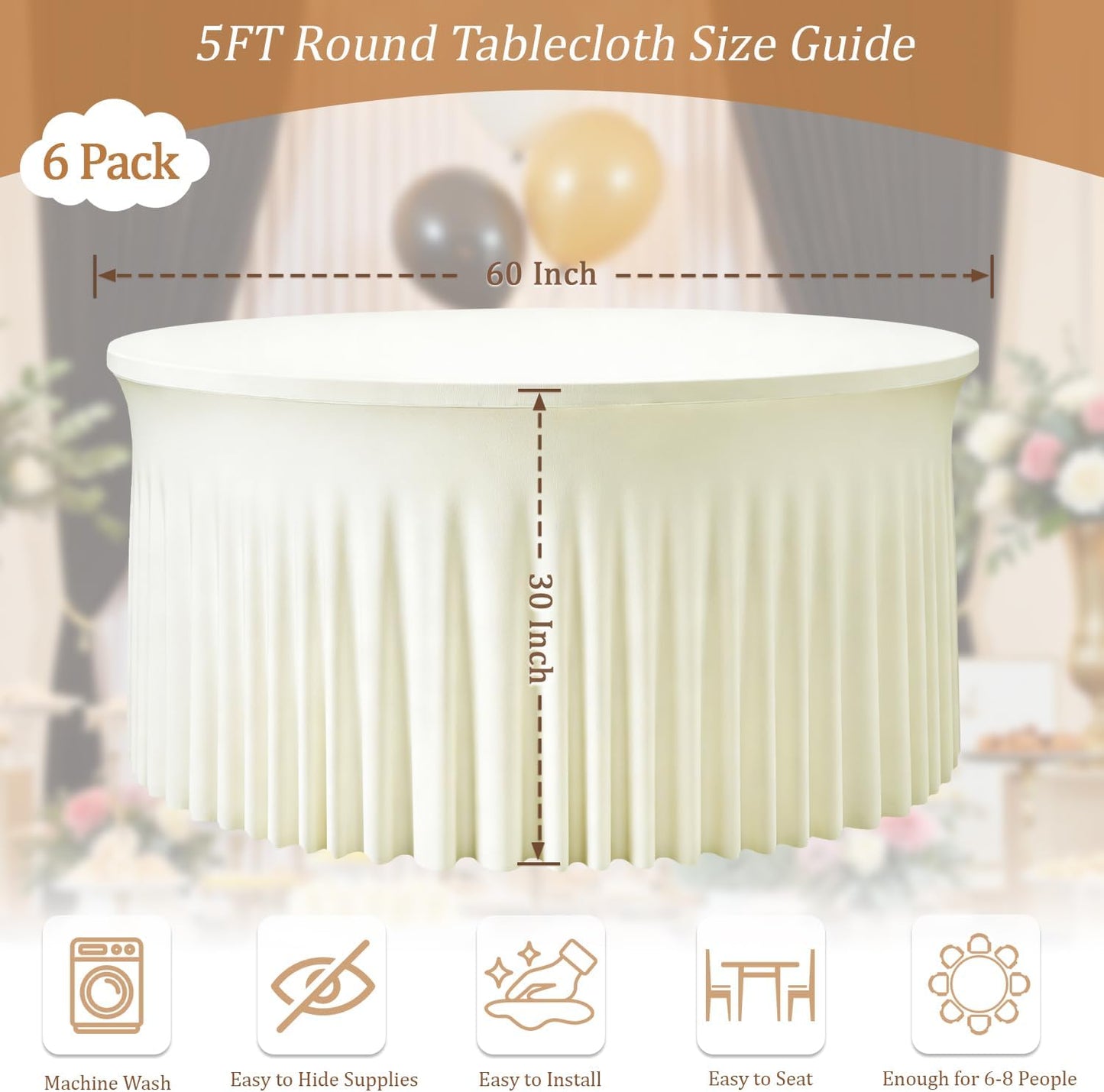 Manta para mesa redonda de spandex ivory con falda ajustable