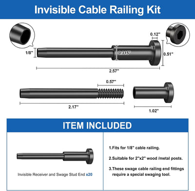 Juego 20 Barandillas Cable Invisible Negro 1/8pulg Acero Inox T316