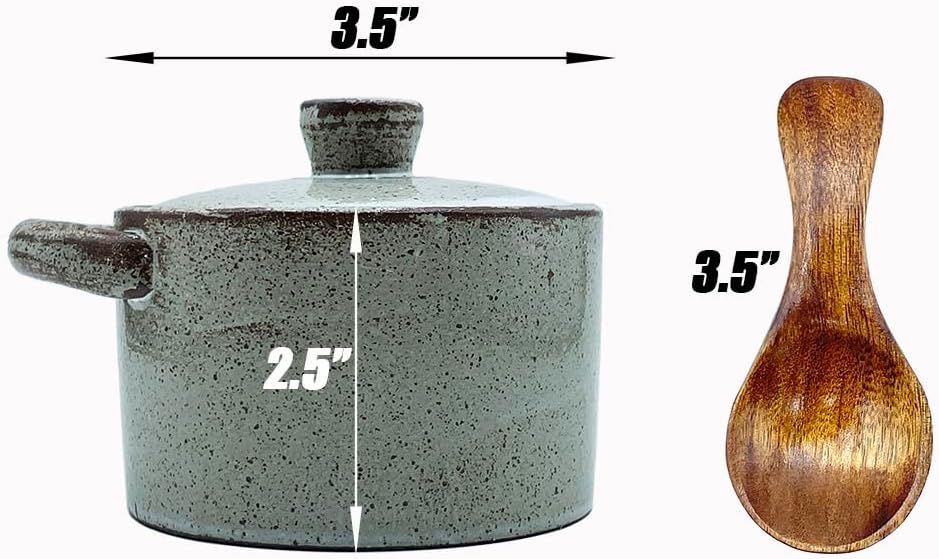 Bodega de sal de cerámica con tapa y cuchara de madera, recipiente para encimera, azucarero y tarro de especias