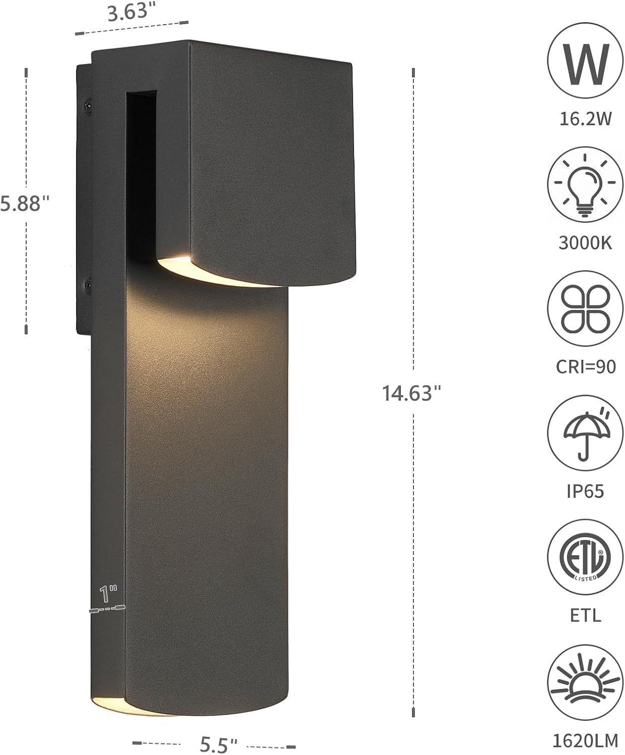 Lámpara pared LED IP65 exterior 16W 3000K negro para porche