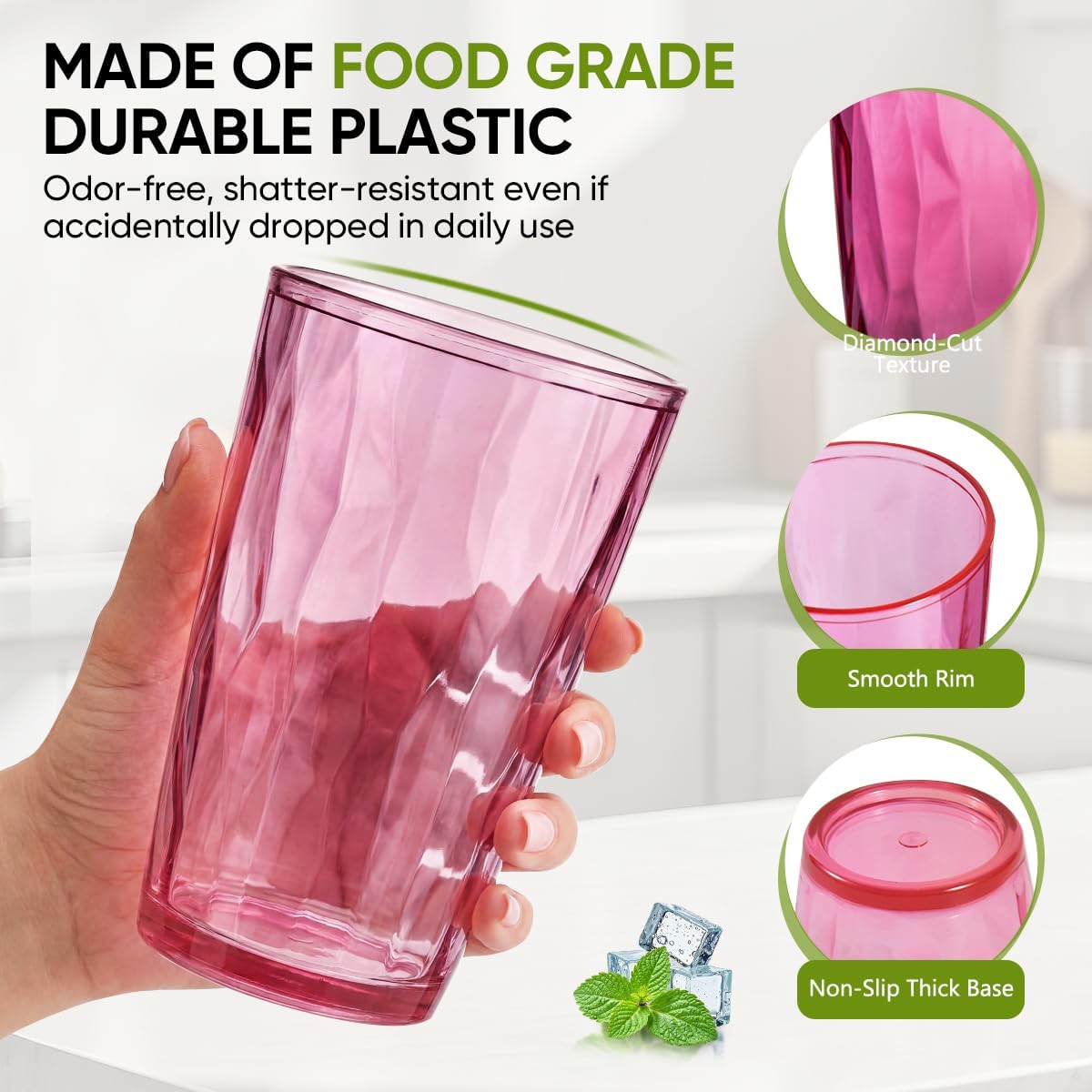 Paquete de 8 vasos de plástico reutilizable de 16 oz irrompible