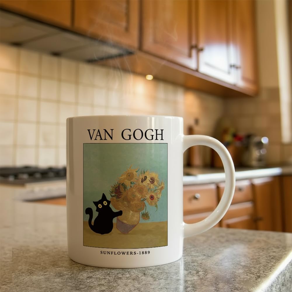 Taza de café con diseño de gatos famosos y girasoles de Van Gogh