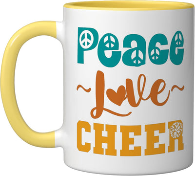 Taza cerámica para cheerleader con mensaje de paz y amor en amarillo/blanco