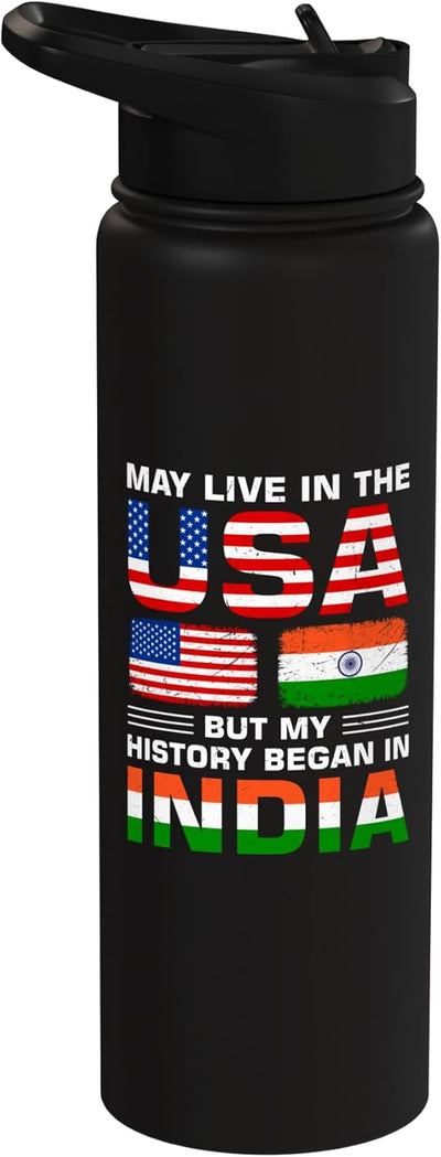 Botella de agua acero inoxidable aislada bandera USA e India