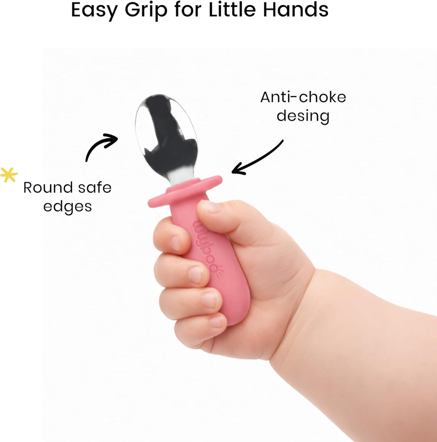 Juego de cucharas para bebés de acero inoxidable y silicona con mango antideslizante