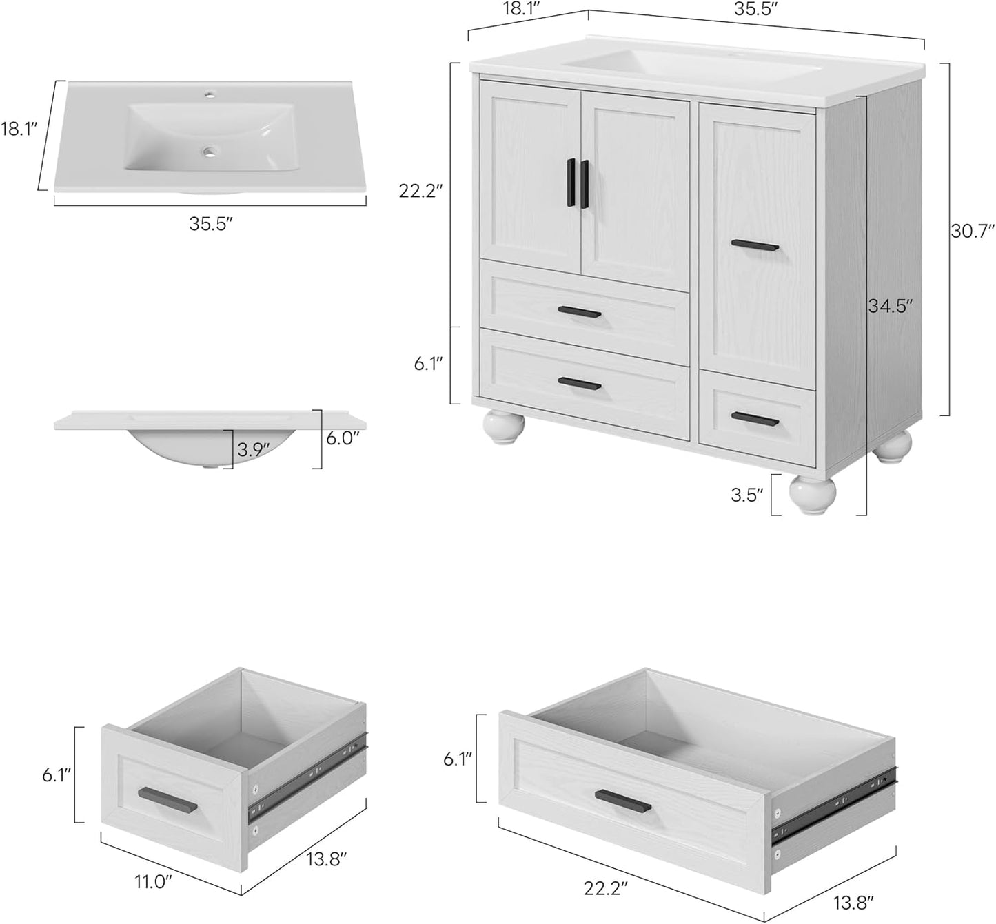 Tocador baño 36pulg con fregadero 4 cajones 2 puertas madera