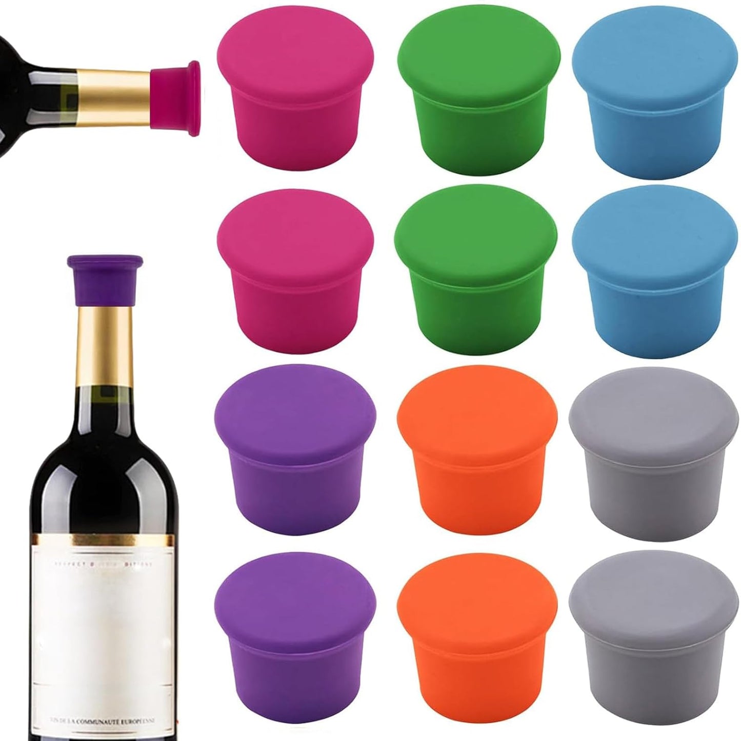 12 Tapones Silicona Reutilizables para Botellas de Vino y Champán