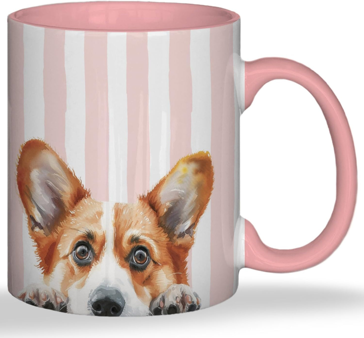 Taza Corgi de cerámica con asa 11 oz a rayas rosas y blancas