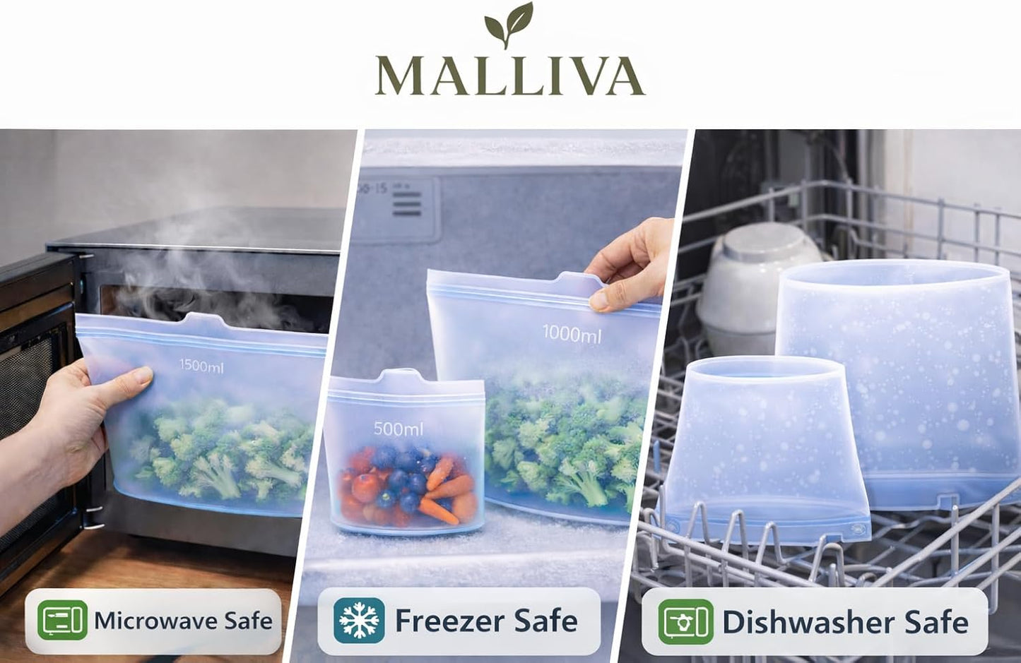 Bolsas de almacenamiento de alimentos de silicona reutilizables paquete de 3