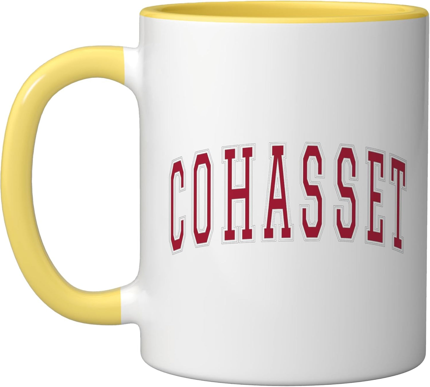 Taza cerámica estilo universidad Cohasset Massachusetts roja con texto amarillo/blanco