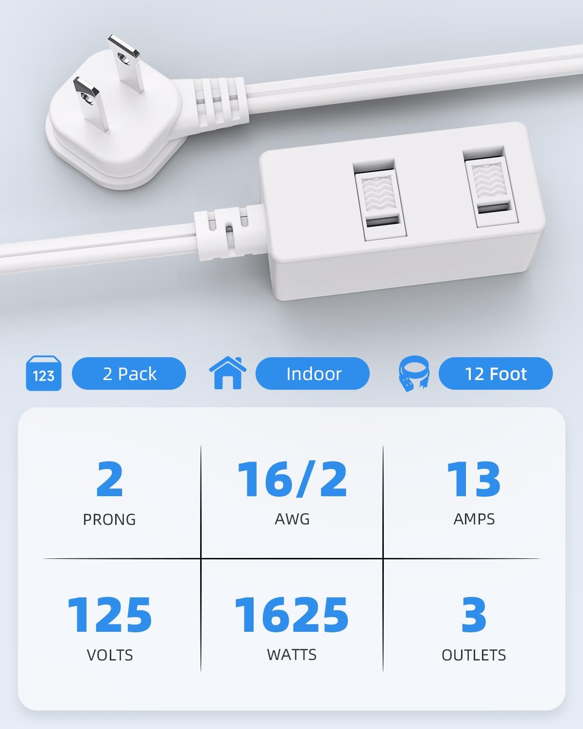 Cable extensión enchufe plano 24ft blanco 2 clavijas 3 salidas