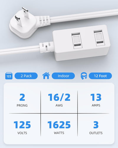 Cable extensión enchufe plano 24ft blanco 2 clavijas 3 salidas