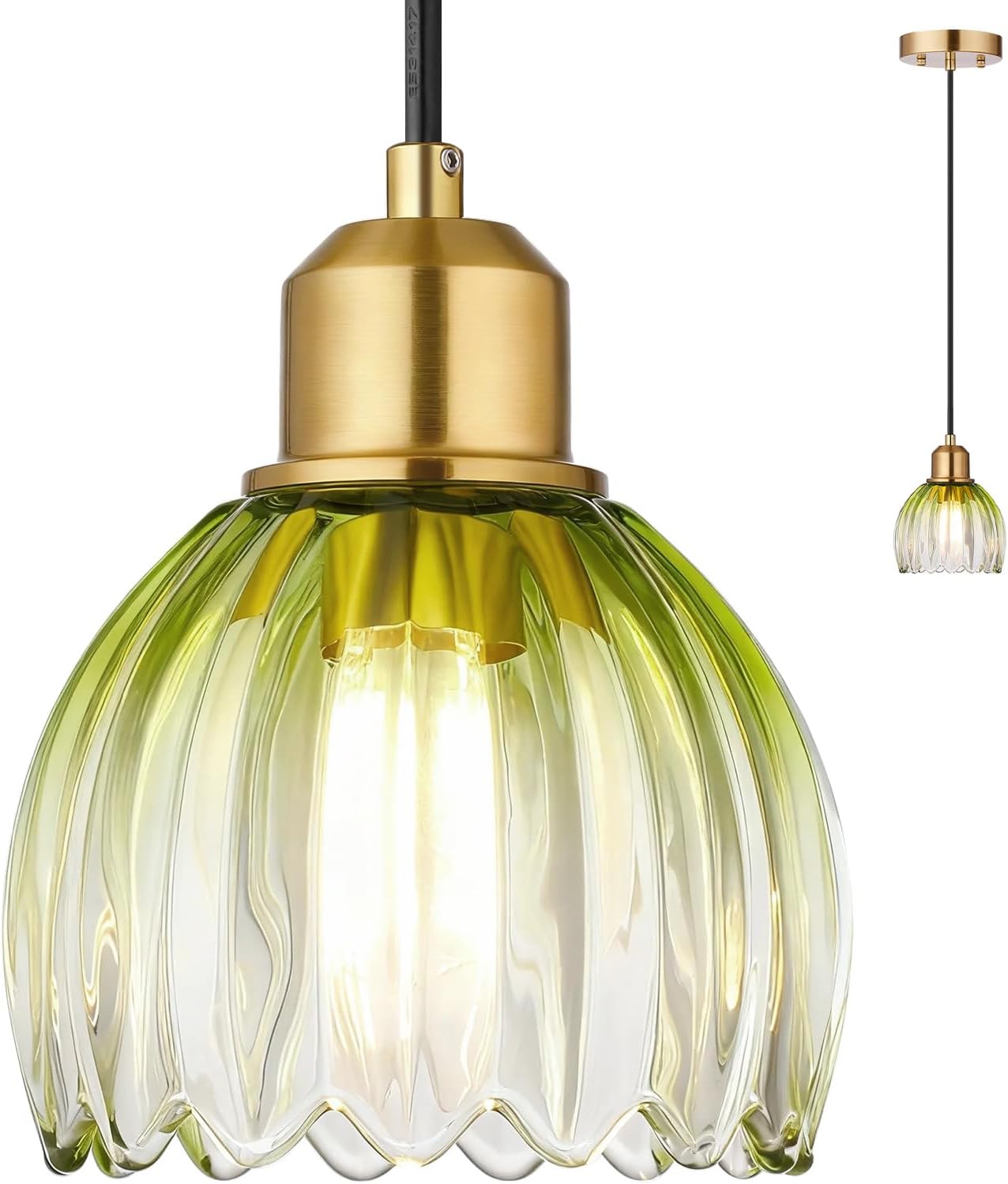 Lámpara colgante vintage latón pantalla tulipán verde ajustable