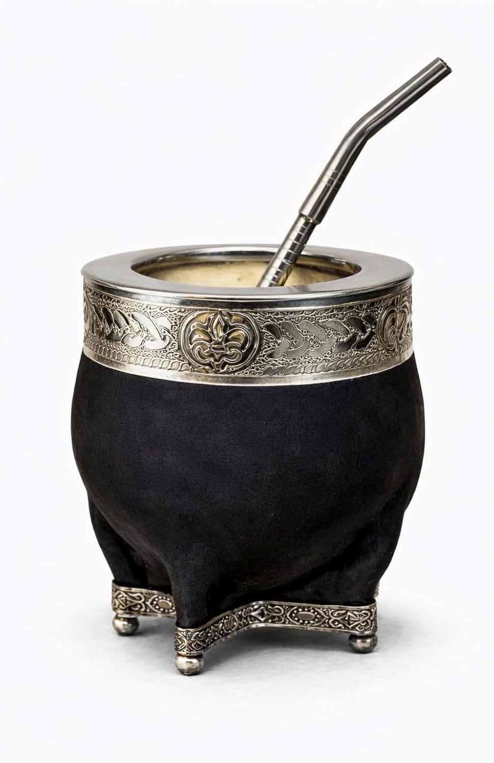 Juego Tazas Yerba Mate Popote Base Alpaca Calabash Cuero