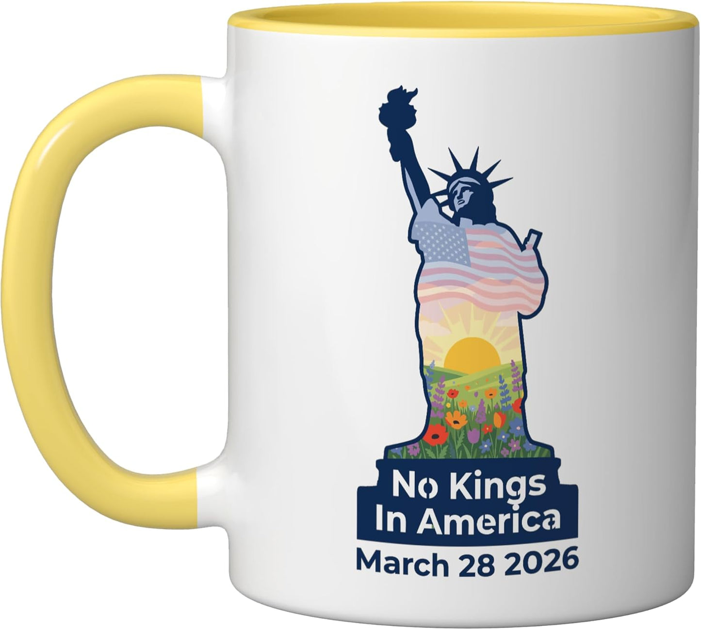 Taza cerámica floral patriótica No Kings In America amarilla/blanca