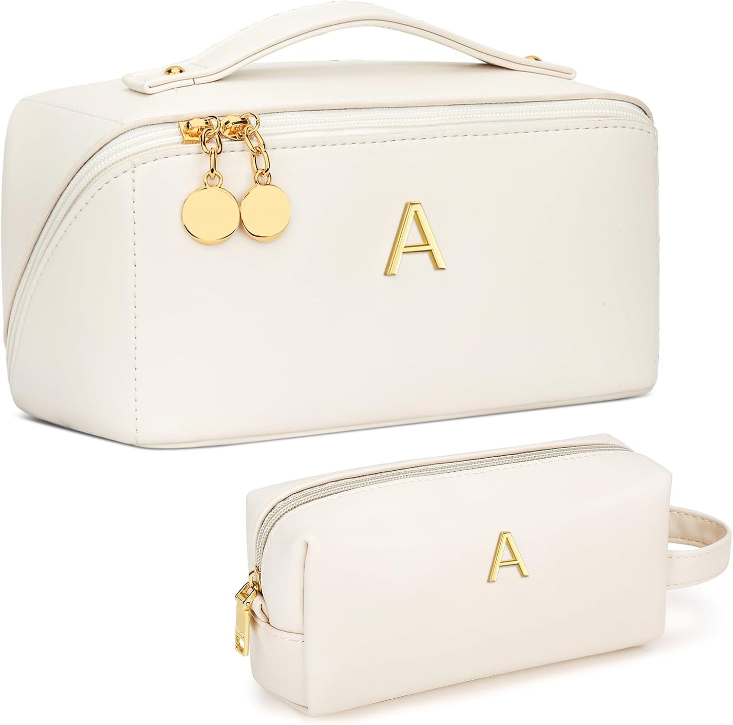 Bolsa maquillaje personalizada con asa beige piel sintética